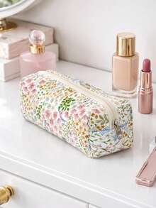 Large Capacity Women's Cosmetic Bag – Multi-Functional Handbag For Travel & Daily Use, Stylish Leaf & Pink Flower Design - Multicolor - View 13
