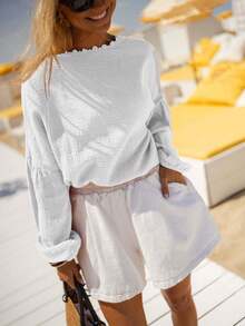SUNSTORY Women's Summer Casual Elegant Romantic Textured Tie-Front Lantern Sleeve Hollow Embroidery Design White Blouse, Suitable For Wedding, Events, Back To School, Graduation, Leisure Travel, Work Commute, Office - White - View 4