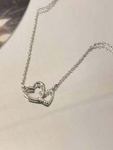 1pc Double Ring Heart Design Tender And Sweet Pendant Necklace With Cubic Zirconia Valentines,Mom,Mother,Mother's Day,Gift - Dây chuyền bạc hình trái tim đơn - Xem 10