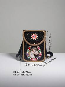 Nueva Bolsa de teléfono con cuentas de caballo negro, todo en uno para teléfono/llaves/lápiz labial/pañuelos, diseño de cuentas con efecto 3D inspirado en el desierto, versátil para salidas y compras, hecho a mano exquisito y práctico, bolso cruzado ultradelgado con bolsillos duales - Negro - Ver 6