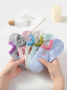 5 Pairs Women's Ankle Socks, Cute Cartoon Embroidery, Candy Colors Dopamine Outfit Essential, Japanese Sweet Daily Versatile, Shallow Silicone Non-Slip Breathable, Suitable For Spring And Summer - Multicolor - View 2