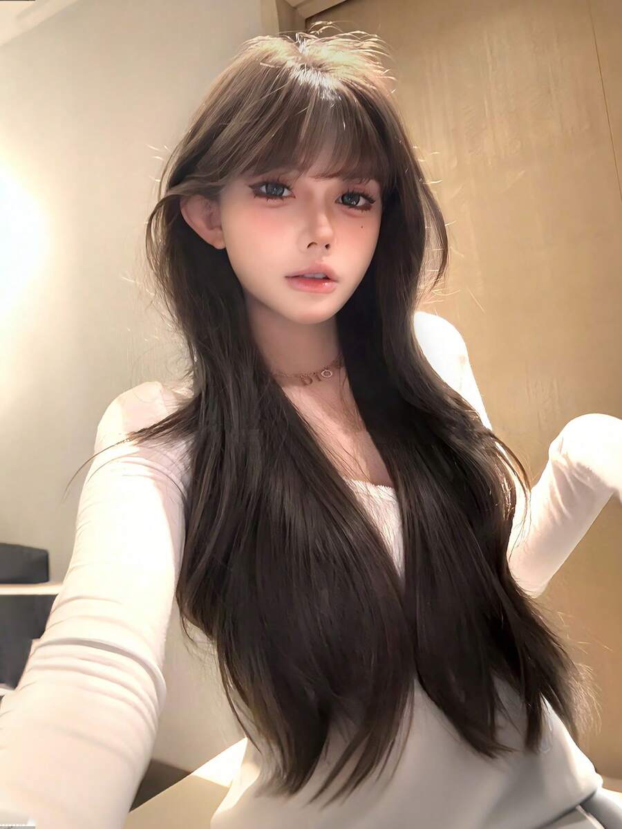 28英寸棕色长波浪假发,女士款 - 优雅蓬松中分卷发假发,丝质合成耐热纤维假发,适合日常佩戴、音乐节、斋月期间打造迷人造型、角色扮演服装 - 假发配件 - 棕色 - 查看 1