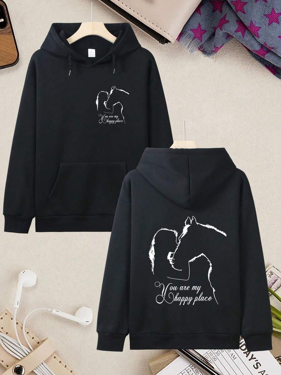 1pc Spring And Summer Hoodie For Womenall-Seasonstyle, Simple Design With Beauty And White Horse Silhouette Print, Autumn And Winter Women's Long-Sleeve Drawstring Hoodie, Casual Kangaroo Pocket Hoodie, Women's Drawstring Hoodie Mother's Day Gift - 黑色 - 查看 1