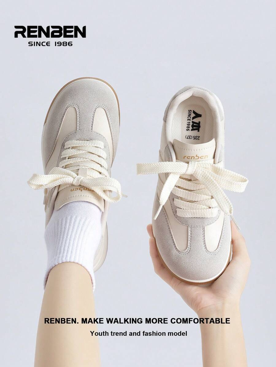 RENBEN Mẫu giày thể thao nữ buộc dây, đế độn ẩn, chất liệu mềm mại, kiểu dáng thường ngày, hàng mới về mùa xuân 2026. - Màu be - Xem 1
