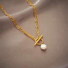 1pc Gold Stainless Steel Jewelry Plated OT Clasp Pearl Pendant Double Layer Necklace, Personalized Creative Ins French Elegant Retro Korean Fashion Casual Minimalist Versatile Gift For Women, Daily, Commute, Street, Party, Festival - 黃金 - 查看 4