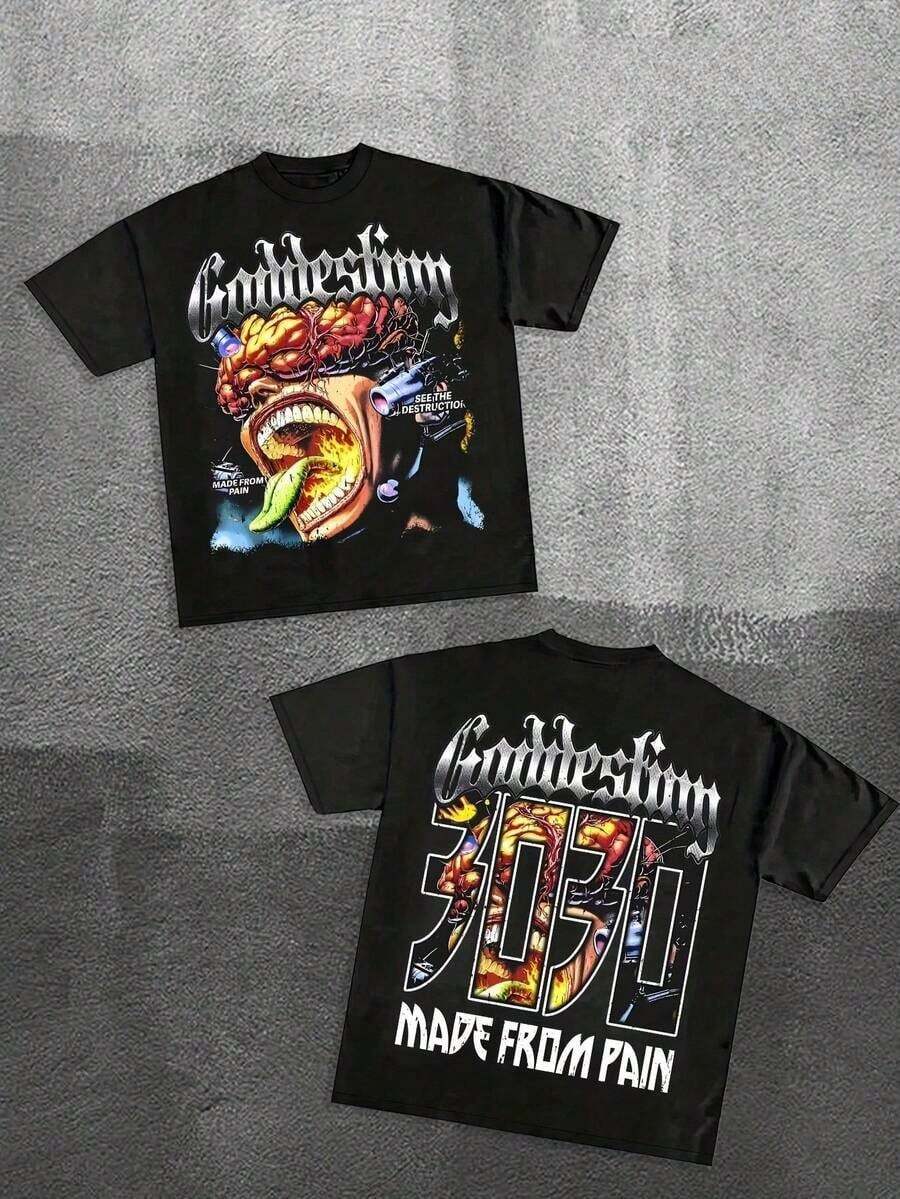 T-shirt graphique minimaliste pour homme, Goddestory 3030, T-shirt avec logo imprimé minimaliste, style urbain, style rétro décontracté hip hop sportif, t-shirt surdimensionné en coton pour homme - Noir - Voir 1
