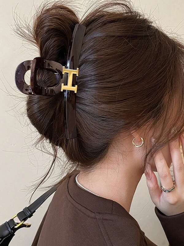 1pc Women's 13cm/5.12in Brown H-Letter Hair Clip, Extra Large Size, Lightweight Plastic, Fashion Versatile Elegant Minimalist Style, Suitable For Daily, Casual, Party, Commute, Beach, Bun, Ponytail, Washing Face, Makeup, Accessory Summer Beach Claw Clips Vacay Hair Claws