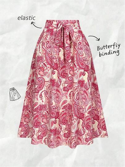 女士长款喇叭波西米亚风休闲半身裙，佩斯利印花宽松半身裙，腰部系带，乡村风沙滩装扮，适合节日度假