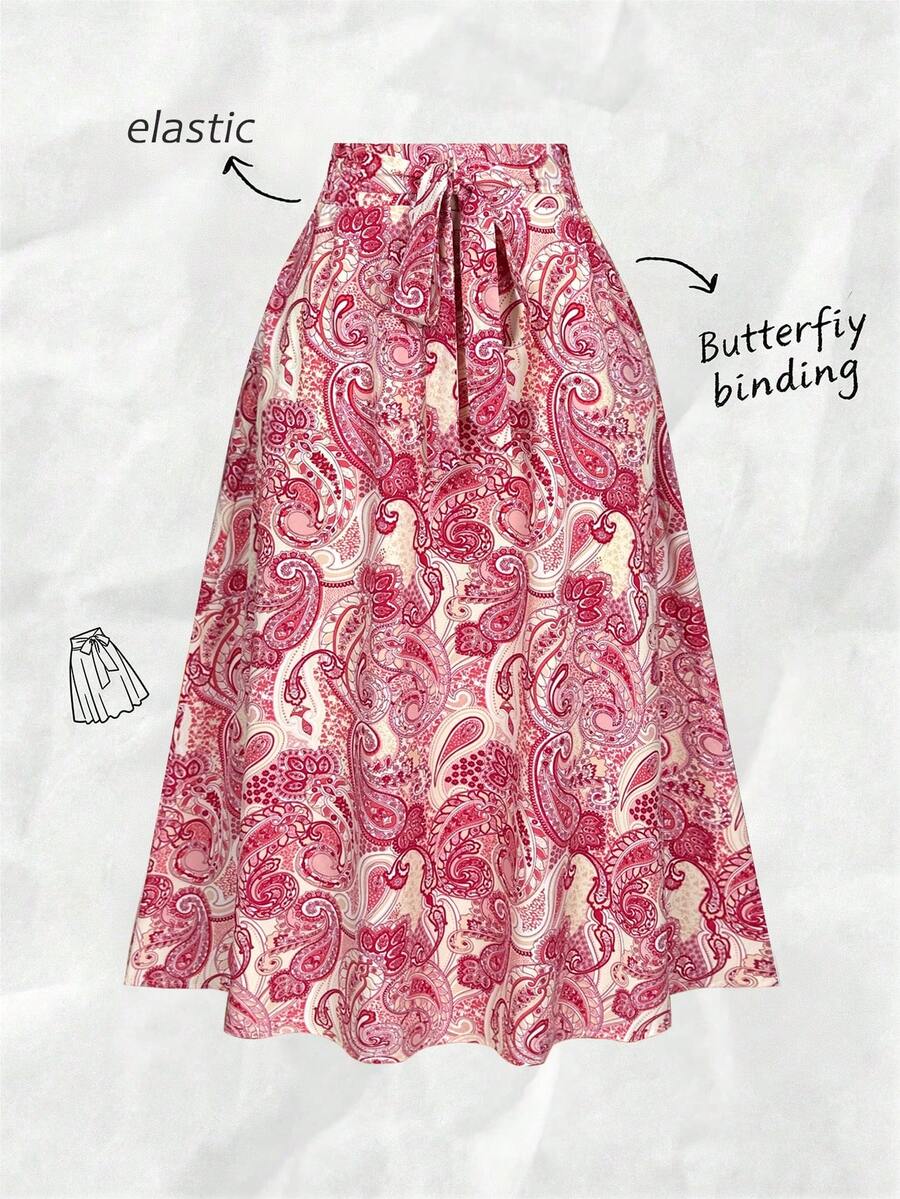 女士长款喇叭波西米亚风休闲半身裙，佩斯利印花宽松半身裙，腰部系带，乡村风沙滩装扮，适合节日度假 - 杏色 - 查看 1