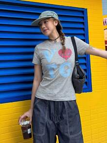Kaos Lengan Pendek Leher Bulat Motif Hati & Huruf Kasual untuk Wanita, Musim Semi/Panas - Grey - View 3