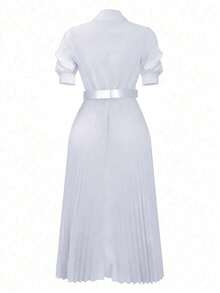 Spring/Summer Slim Fit Waist Elegant Sophisticated Lady Style Full Dress Solid Color Pleated Dress With Belt, Short Sleeve, And Material White - White - View 5