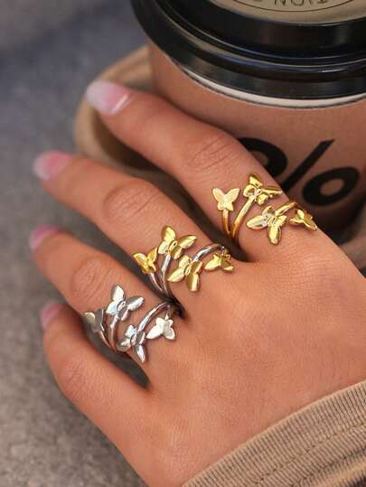 Uself 3pcs/Set 18K Gold Plated Butterfly Ring Set, 304 Stainless Steel Open Ring, Delicate Insect Theme Jewelry For Women, Low Allergy, Suitable For Spring And Brunch Wear
