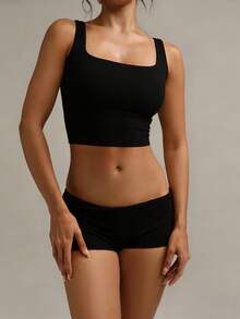 XLLAIS Sexy Black Cropped Camisole, Fashionable Square Neck Stretchy Slim Fit Casual Camisole For Women Summer - Black - View 8
