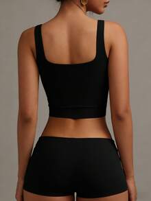 XLLAIS Sexy Black Cropped Camisole, Fashionable Square Neck Stretchy Slim Fit Casual Camisole For Women Summer - Black - View 10