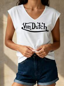 Women's Casual Summer V-Neck Vest | Von D Logo Print | Perfect For Daily Wear, Outdoor Leisure, Loungewear, Back-To-School Season, Mother's Day & More Summer Occasions  | Daily Gift.(1) - 白色 - 查看 1