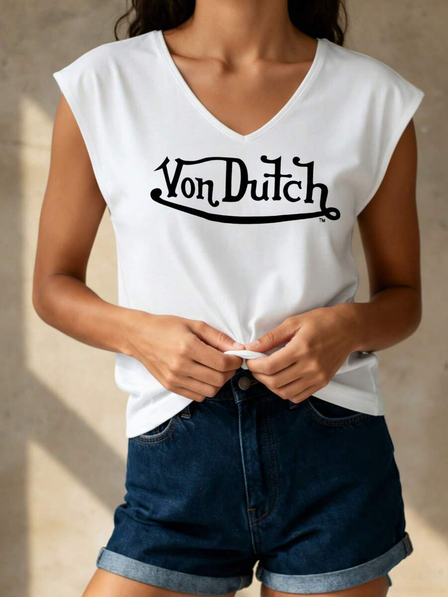 Women's Casual Summer V-Neck Vest | Von D Logo Print | Perfect For Daily Wear, Outdoor Leisure, Loungewear, Back-To-School Season, Mother's Day & More Summer Occasions  | Daily Gift.(1) - 白色 - 查看 1