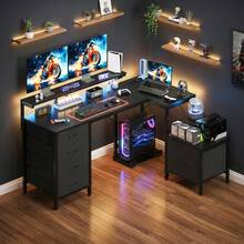 Devoko L-Shaped Corner Desk, Height-Adjustable Monitor Stand + 2 USB Ports + 2 Power Outlets + 5 Drawers, With Storage Space For PC Mount And Printer, Gaming Desk With LED Lighting, Black - 查看 1