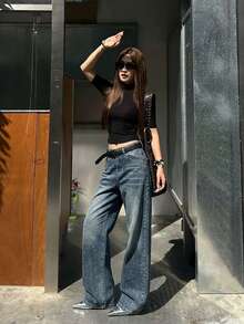 Quần jeans nữ dáng suông cạp trung bình, đính đá lấp lánh, kiểu dáng thường ngày (không kèm thắt lưng) - Màu xanh lam - Xem 3