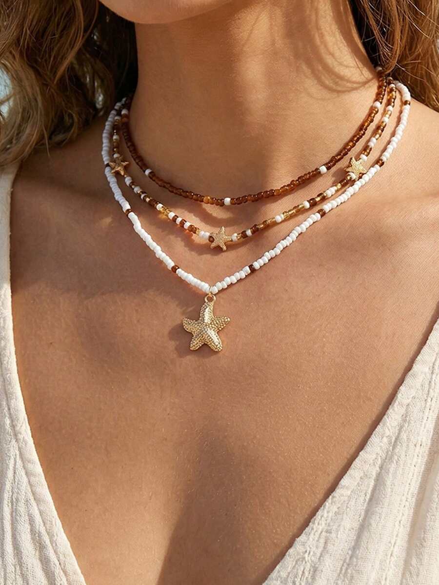 3pcs/Set Kalung Liontin Manik-Manik dan Bintang Laut Emas, Perhiasan Gaya Pantai Laut Minimalis Buatan Tangan untuk Wanita, Panjang Dapat Diatur, Warna Manik-Manik Acak - beraneka warna - View 1