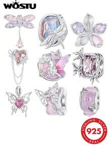 WOSTU 1件925纯银优雅蜻蜓、蝴蝶、粉色爱心和花朵吊坠珠，适合女孩和女士DIY手链、项链，时尚首饰制作礼物，情人节礼物 - 彩色 - 查看 1