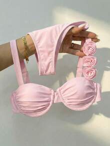 Bikinx Women's Solid Color Underwire Bikini With 3D Floral Design, Sexy Split Bikini Suitable For Summer Beach Vacation Pink - Pink - View 4