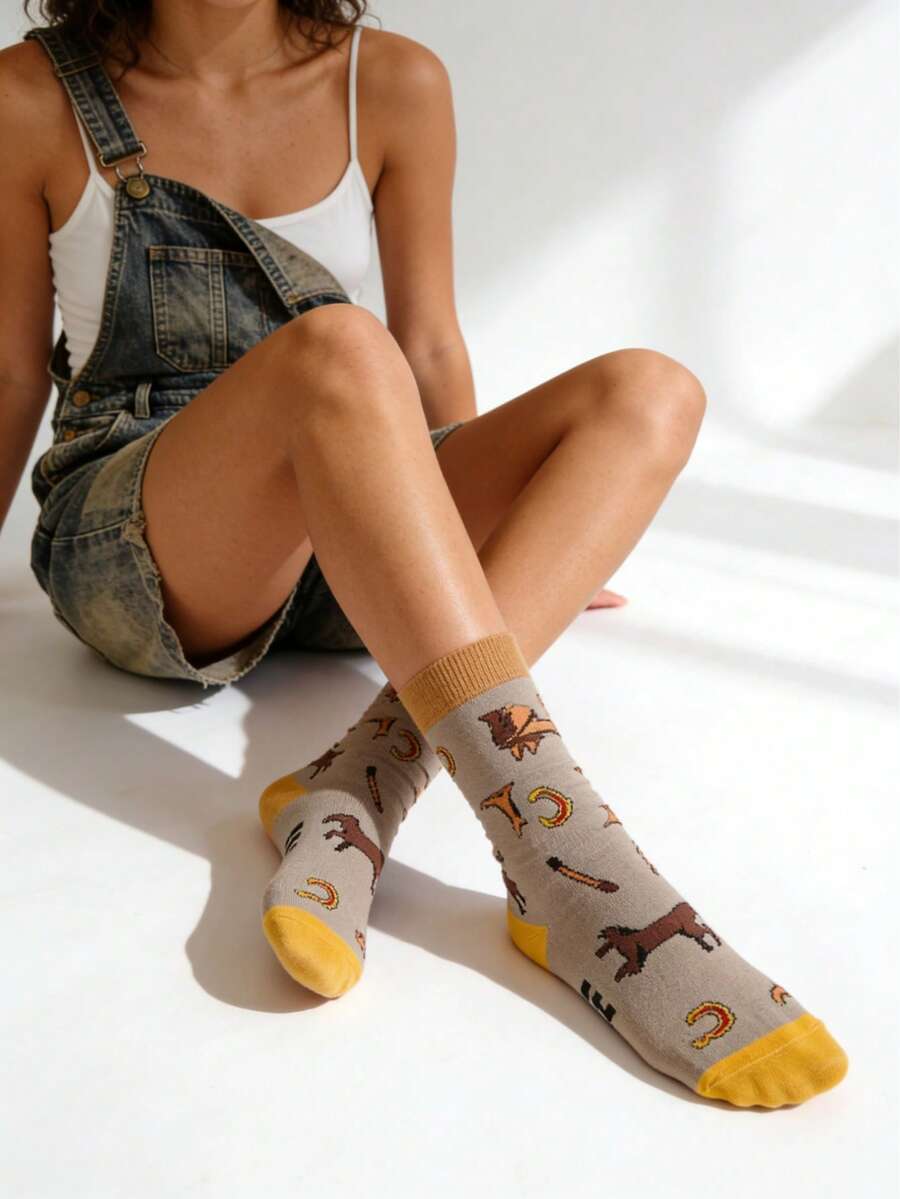 Autumn/Spring Cartoon Horse Colorblock Retro Casual Mid-Calf Socks - Grey - View 1