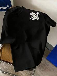 美式街頭復古和平鴿條碼印花短袖，正反面設計日常通勤上衣，圓領短袖T恤，「字母圖案與和平鴿印花」圖案短袖T恤，夏季上衣/內搭，適合男孩。休閒風格適合男孩、女孩和青少年；街頭風格洛杉磯和平鴿黑白印花百搭黑色T恤，是絕佳的禮物選擇。 - 黑色 - 查看 3