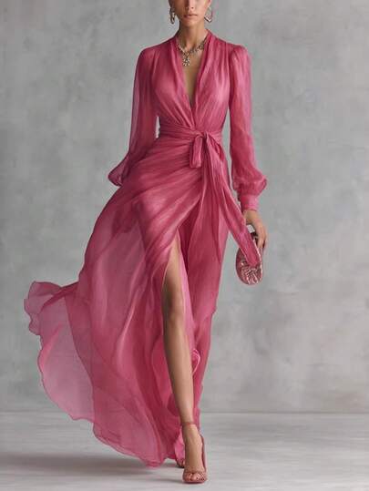 Vestido de mujer liso, escote en V, manga corta, con abertura y cintura entallada | Nuevo modelo, estilo minimalista y de alta gama