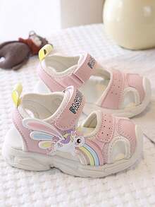 1 Pair Girls' Casual Cartoon Pony Decor PU Mesh Breathable Soft Sports Sandals, Summer Closed Toe Anti-Kick Protective Foot Wear, Non-Slip Rubber Sole, Easy Hook & Loop Closure - Pink - View 1