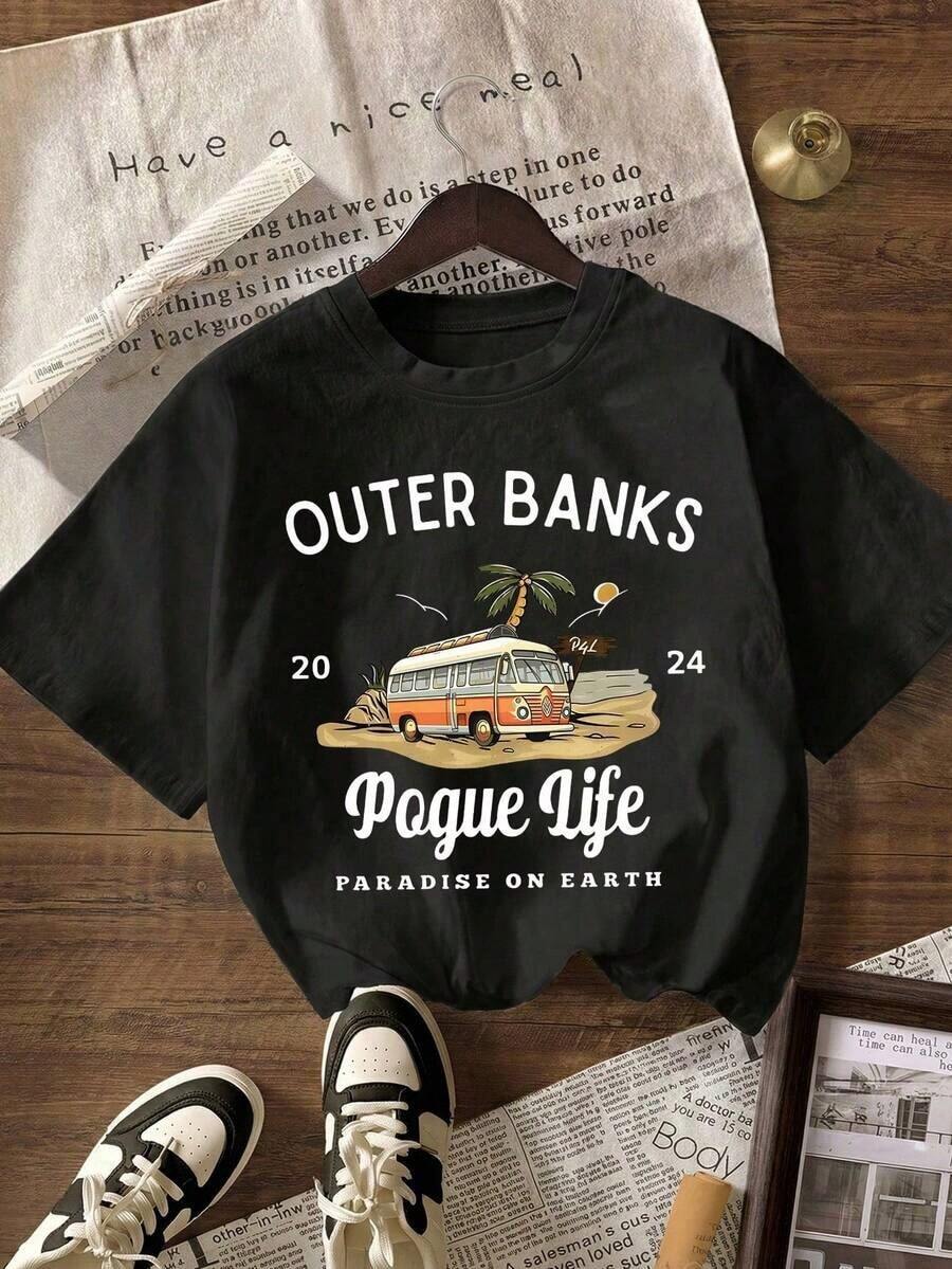 Camiseta Casual de Manga Corta con Cuello Redondo y Estampado Gráfico Outer Bank, Diseño Minimalista para Uso Diario, Color Negro, Verano - Negro - Ver 1