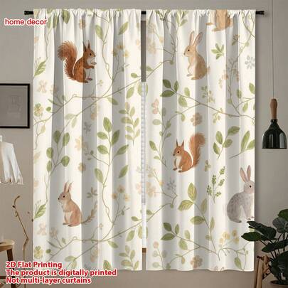 2 件装卡通动物植物窗帘，波西米亚风格涤纶窗帘，适合女孩卧室客厅春季装饰