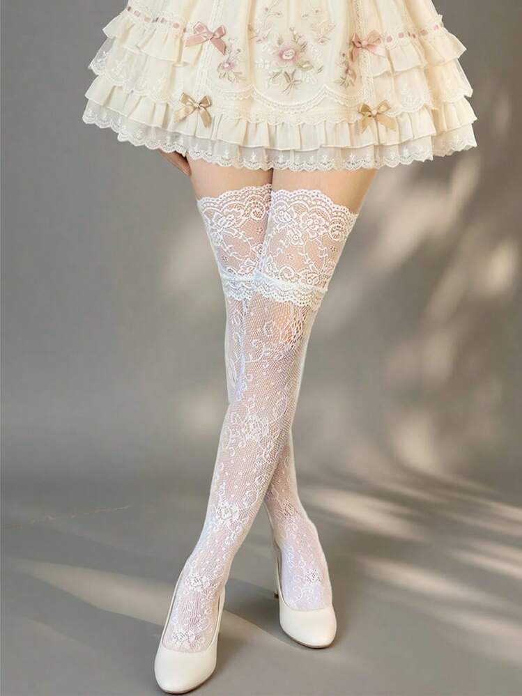 Vớ dài đến đùi cho nữ màu trắng ren jacquard, co giãn, thoáng khí, thân thiện với da, không bó chân, kiểu dáng Lolita ngọt ngào, phù hợp để mặc hàng ngày. - trắng - Xem 3