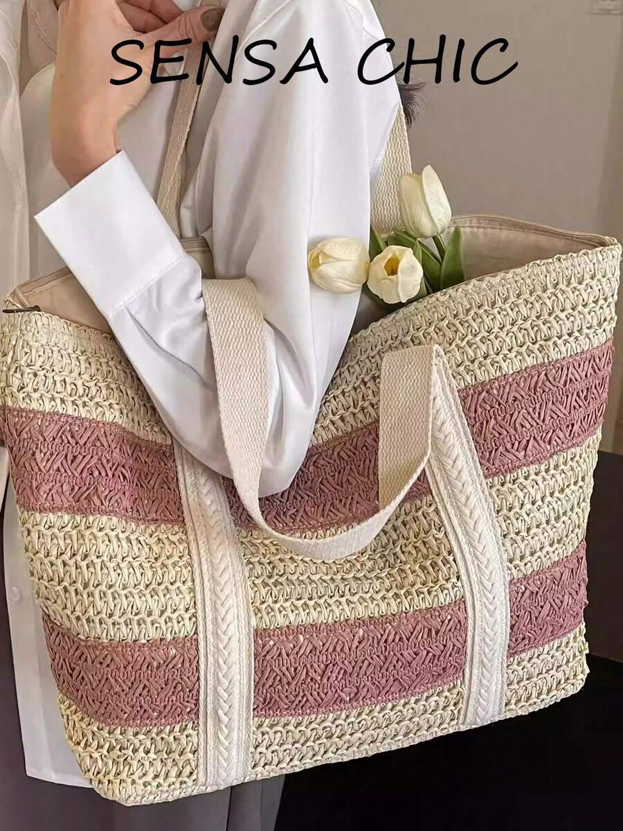 Bolso de hombro de paja tejida a rayas, bolso de tela casual, bolso de hombro de gran capacidad con correas anchas y diseño a rayas. Perfecto para viajes a la playa, compras, salidas y tareas diarias. Adecuado para estudiantes, damas de oficina y madres, textura ligera y transpirable que transmite un ambiente relajado y veraniego - Multicolor - Ver 1