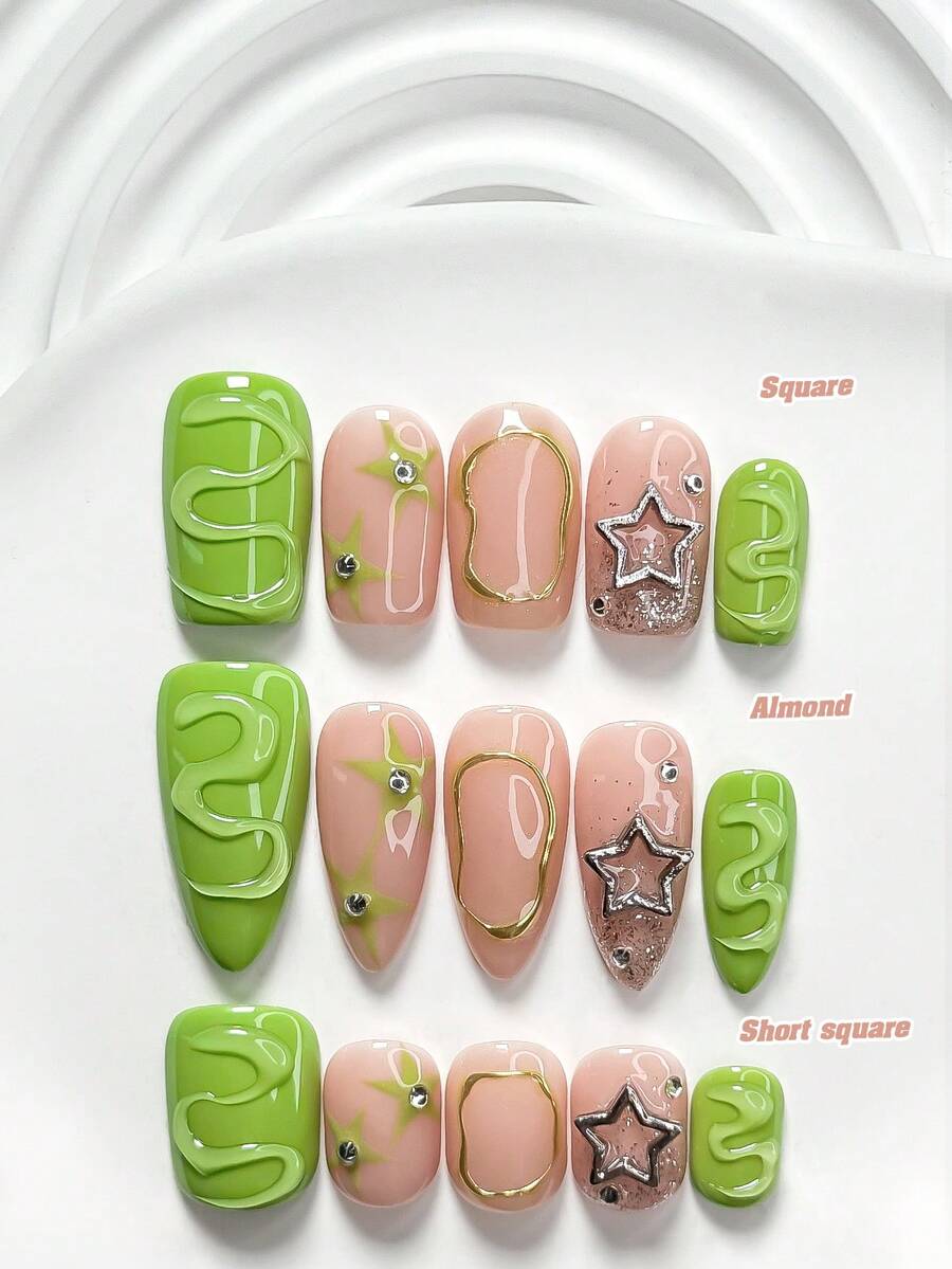 10件套霓虹色块风格手工美甲套装，包含凝胶美甲套装、银色镂空五角星美甲装饰、手绘霓虹绿圆圈、手绘纯色波浪图案、银色猫眼图案、绿色指甲油，以及美甲工具（1个果冻贴纸+1个指甲锉）。提供三种尺寸：方形、短长方形、杏仁形。适合派对、日常佩戴、节日庆典、摄影、春夏通勤等场合。 - 彩色 - 查看 1