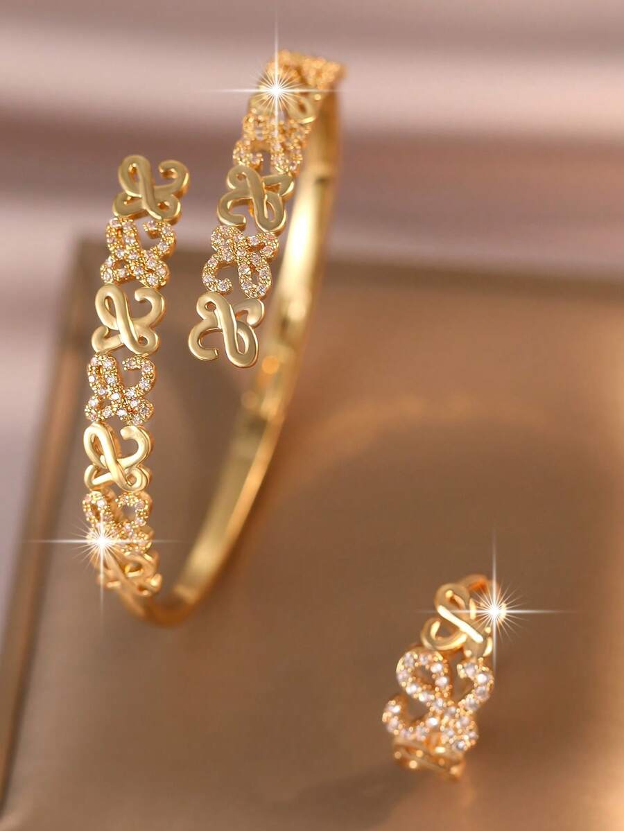 jealous young 2pcs/1pc High-Quality Gold Plated Special Symbols With Cubic Zirconia Openable Charm Bangle&Ring Sets For Women, Mom Gift Christmas Thanksgiving Halloween Wedding Jewelry Gift For Anniversary Valentine's Day Boho Jewelry Daily Party - Yellow Gold - View 1