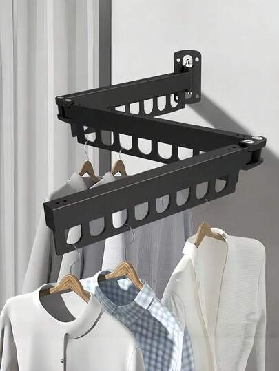 Tendedero de pared plegable de tres capas, de metal resistente en color negro, diseño plegable que ahorra espacio, sin necesidad de perforar, fácil de instalar, diseño plegable con múltiples ganchos resistente, adecuado para secar ropa en espacios pequeños como balcón y lavandería, para uso en el hogar, balcón y lavandería.