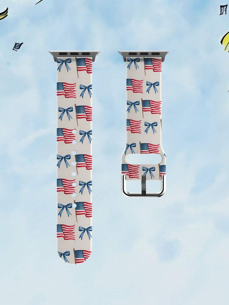 1pc American Flag Bow Soft Elastic Breathable Comfortable Replacement Watch Band Strap Suitable For Samsung, Honor Smartwatches, 38mm 40mm 41mm 42mm 46mm 45mm 44mm 49mm, Festive Gift Daily Fashion Casual Multi-Color Silicone Watch Band Compatible With Apple Watch Ultra Series SE/11/10/9/8/7/6/5/4/3/2/1 - Multicolor - View 1
