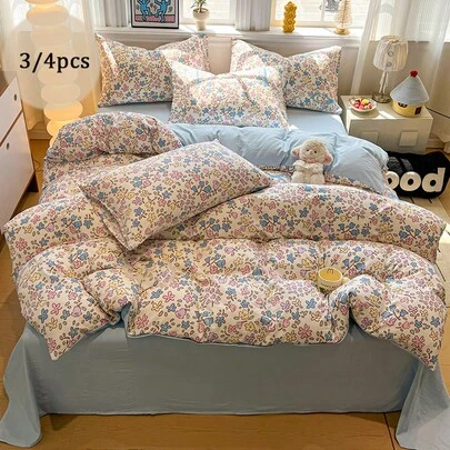 Bộ chăn ga gối 3/4 món, ga trải giường họa tiết hoa tươi tắn, bộ ga trải giường hoa kiểu Pháp rực rỡ sắc màu, bộ đồ giường trang trí hoa văn cao cấp bằng sợi microfiber, phù hợp cho giường đôi/đơn, có nơ xanh trang trí, dùng được cả bốn mùa, bao gồm 1 ga trải giường (không kèm ruột), 1 ga phủ giường, 1/2 vỏ gối (không kèm ruột).