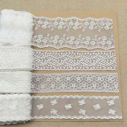 1 قطعة أو 8 قطع من شريط الدانتيل المطرز باللون الأبيض ذو نقشة زهرية على شبكة الدانتيل، شريط للخياطة والحرف اليدوية وديكور فساتين الزفاف