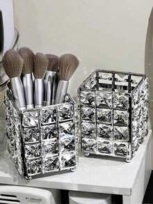 1pc Silver Crystal Brush Holder, Diamond Makeup Brush Storage Container, Pen Holder, Desk Decor, Suitable For Ins Style And Nordic Decor, Can Also Be Used As Nail Tool Rack Or Pen Holder, Combining Japanese And European Charm - Multicolor - View 5