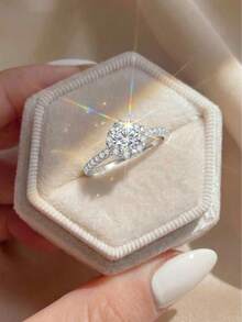 925纯银莫桑石戒指，求婚、周年纪念、情人节礼物，简约日常佩戴 - 白色 - 查看 3