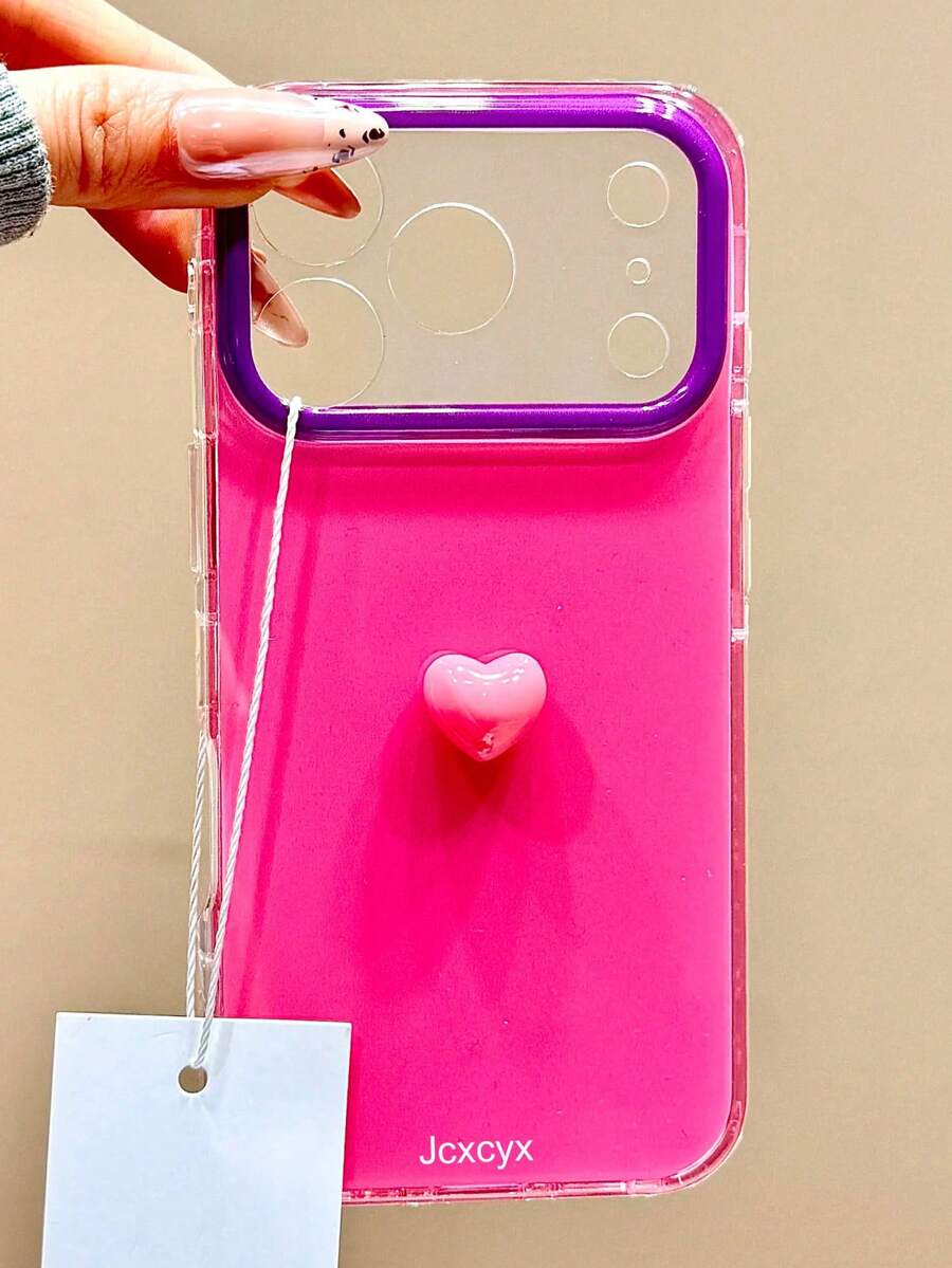 Funda de teléfono estilo Y2K con corazón 3D de doble color, compatible con iPhone 17Pro Max 17Pro 17 16Pro Max 16Pro 15Pro Max 15Pro 16 15 14 13, protección de lente transparente y a prueba de golpes - Rosa Fucsia - Ver 1
