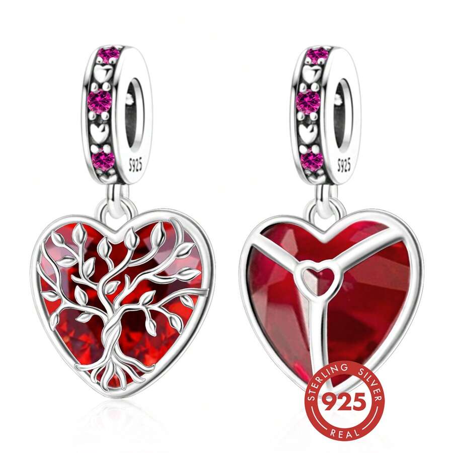 1pc 925 Sterling Silver Tree Of Life/Triangle Heart Pendant With Red Zirconia, DIY Memorial Jewelry Gift, Unisex - Silver - View 1