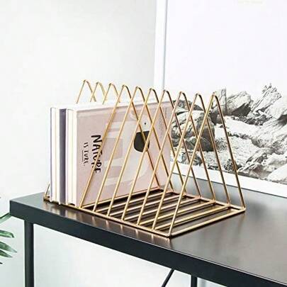 1pc Vertical Record Player Stand, Desktop File Organizer, Paper & Record Holder, Gold Metal Rose Gold Desktop Small Bookshelf, Office & Home Triangular File Organizer & Storage Rack