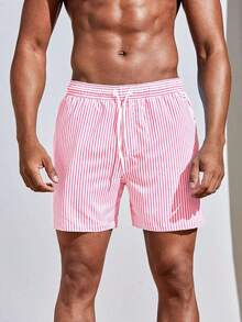 Zalmeno Men Vertical Striped Drawstring Waist Swim Trunks - Baby Blue - View 1