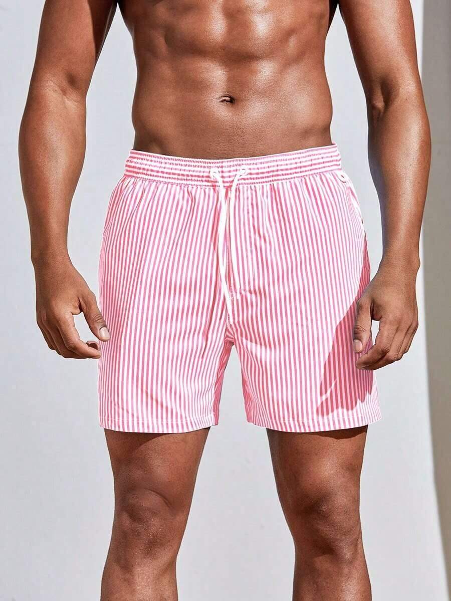 Zalmeno Men Vertical Striped Drawstring Waist Swim Trunks - Baby Blue - View 1