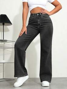 Jeans casuales de pierna recta y ajuste holgado para mujer con bolsillos, jeans rectos de moda, pantalones vaqueros holgados de mezclilla lavada, estilo vintage y casual - Negro - Ver 2