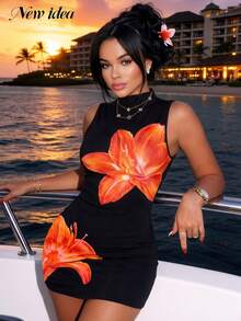 Đầm mini ôm sát không tay in họa tiết hoa ly đỏ dành cho nữ, đầm đi nghỉ mát thanh lịch, gợi cảm, sang trọng, đầm dự tiệc cho nữ, đầm đi biển. - màu đen - Xem 1