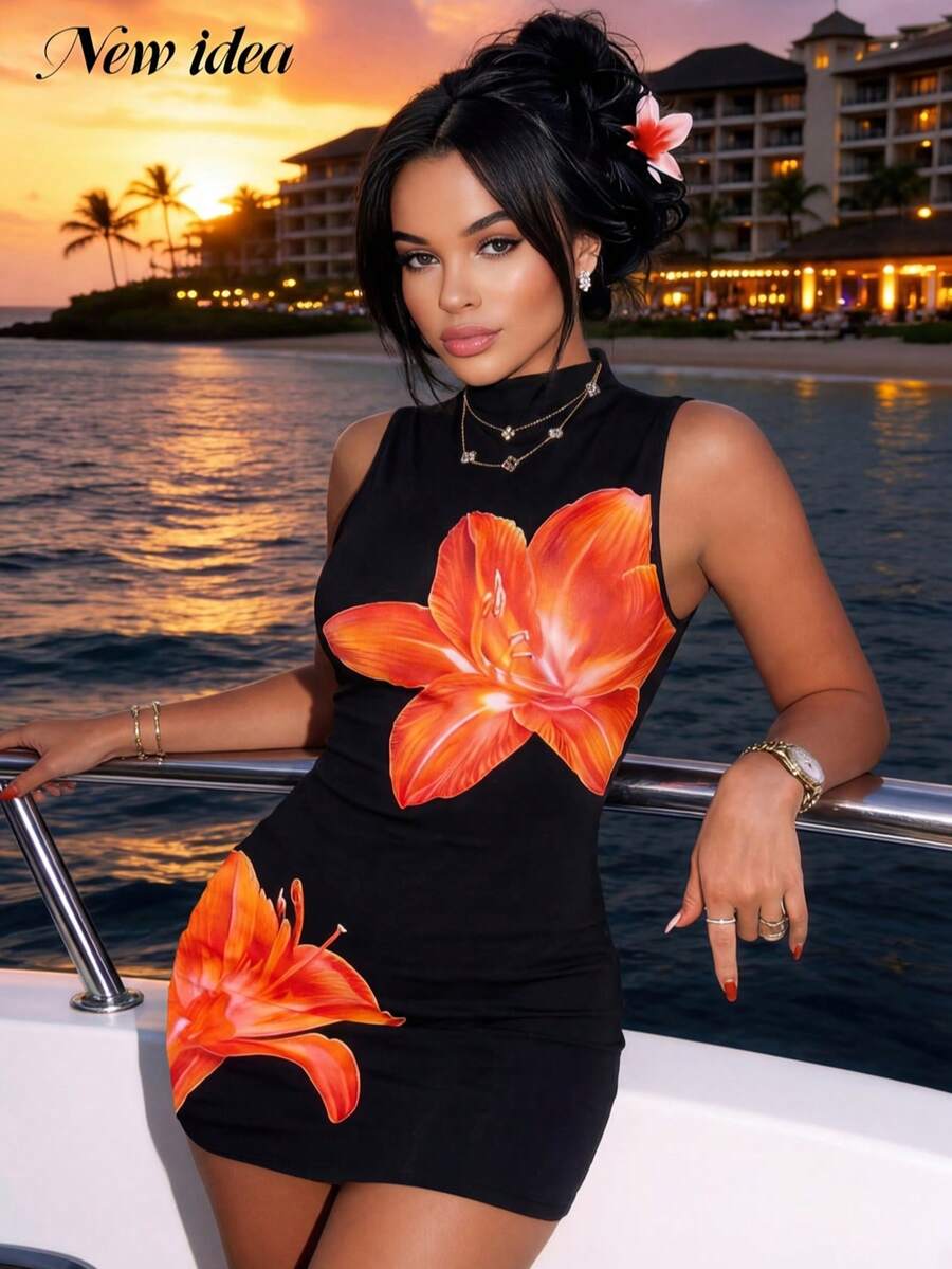 Đầm mini ôm sát không tay in họa tiết hoa ly đỏ dành cho nữ, đầm đi nghỉ mát thanh lịch, gợi cảm, sang trọng, đầm dự tiệc cho nữ, đầm đi biển. - màu đen - Xem 1