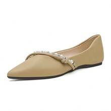 Women's Flat Slip-On Shoes, New Fashion Outdoor Flat Shoes With Inner Height Increase, Pointed Toe, Pearl & Rhinestone Decor, Ballerina Shoes, Solid Color, Soft Bottom, Soft Leather Loafers, French Style Low Vamp Slip-On Loafers, Comfortable Flat Shoes - Khaki - View 10